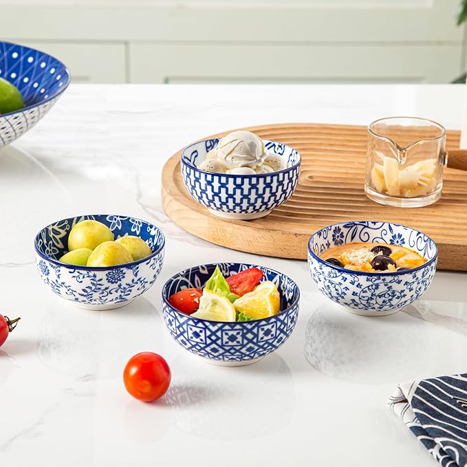 Cerkik Ceramic Dipping Bowls Set - Mini 4 Oz Dessert Bowls - Small 3.5 Inch Porcelain Bowls for Side Dishes, Snack, Yogurt, Appetizer - Microwave Dishwasher Safe - Set of 6 - Vintage Blue