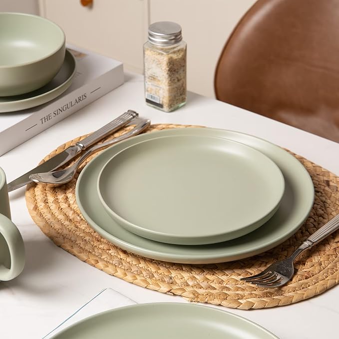 Furrnook 12-Piece Stoneware Dinnerware Set with Mugs | Microwave and Dishwasher Friendly | Stackable Matte Glaze Plates & Bowls | Service for 3 (Green for 3)