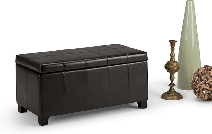 SIMPLIHOME Dover Storage Ottoman Bench - 36 inch Wide Upholstered Vegan Leather Rectangular Lift-Top Ottoman in Tanners Brown, Contemporary Bench for Living Room with Safety Hinges