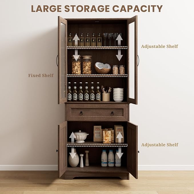 Set of 2 72" Tall Kitchen Pantry Storage Cabinets with Glass Doors and Drawer, Farmhouse Cupboards with Adjustable Shelves, Freestanding Food Pantries for Kitchen, Dining Room, Brown