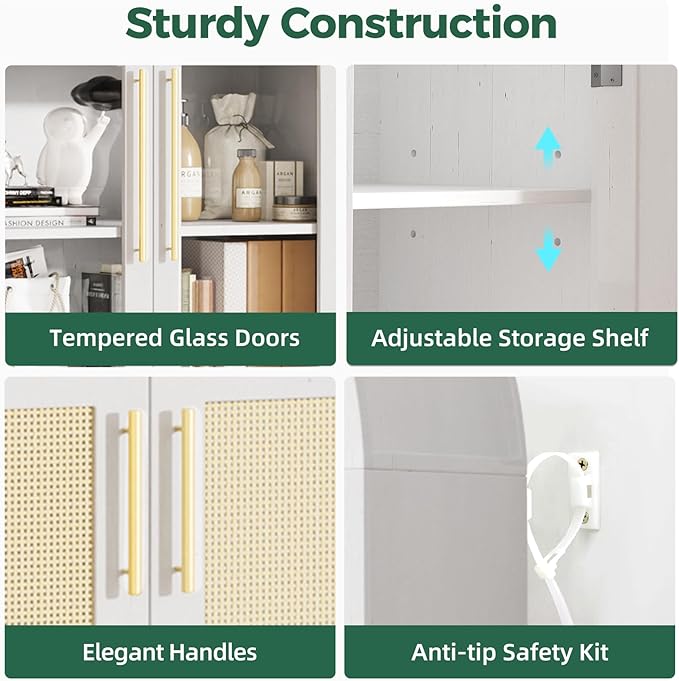 63??Arched Kitchen Pantry Cabinet ??5-Tier Modern Farmhouse Storage Cabinet w/Glass & Fluted Doors, Adjustable Shelves for Kitchen, Living Room, Entry, Office, Engineered Wood, White