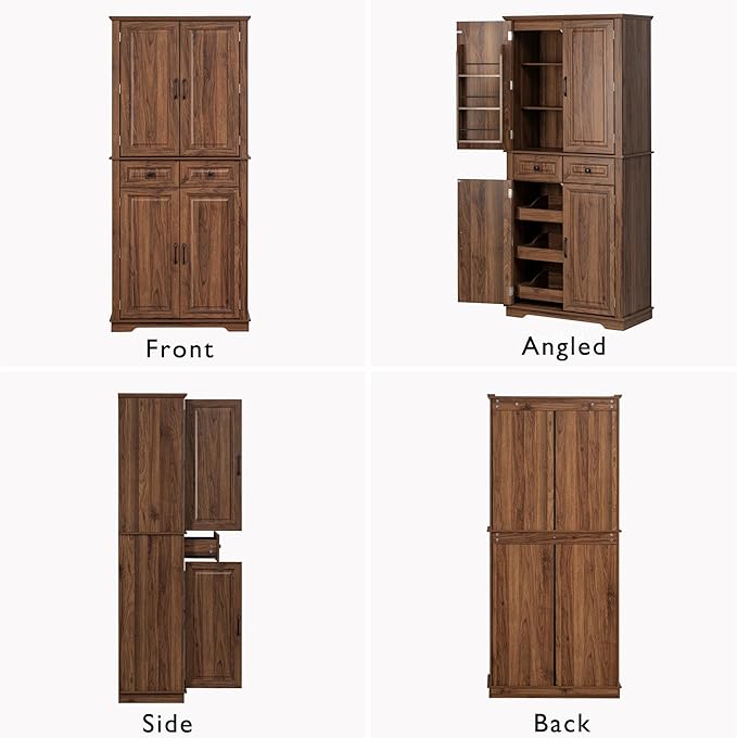 Ball & Cast 71?쿟all Farmhouse Kitchen Pantry Cabinet with 3 Pull Out Shelves & 2 Large Drawers,Versatile Pantry Storage Cabinet w/ 6 Door Shelf & Adjustable Shelves for Kitchen,Dining Room,Walnut