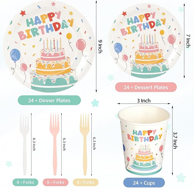 Childom 96 Pcs Birthday Party Supplies Set,Disposable Plates for Birthday Decorations,Paper Plates Cups Plastic Forks Dinnerware Sets for Parties,Party Tableware Set for Dinner,Outside,Picnic,Serve 24