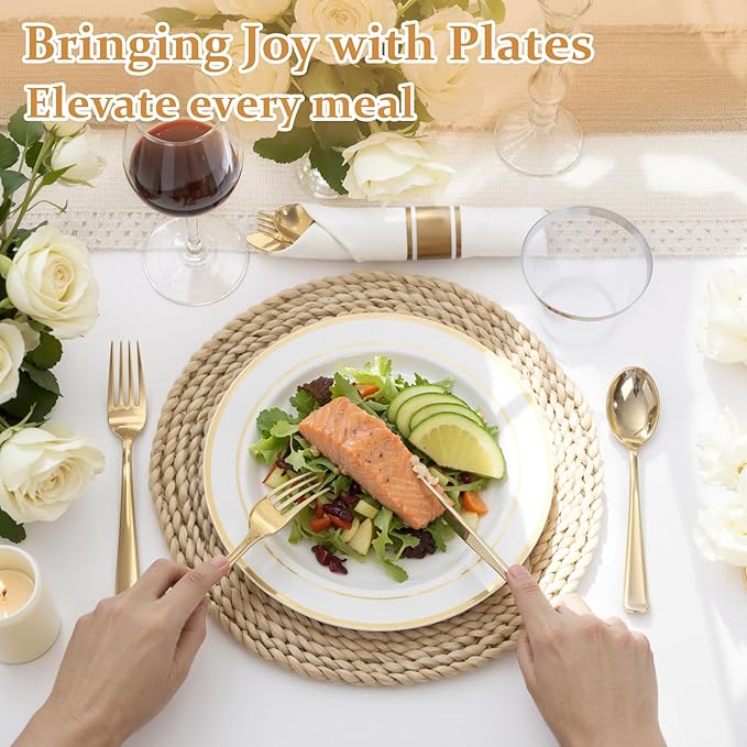 350Piece Gold Dinnerware Set for 50 Guests - Gold Plastic Plates with Disposable Cutlery Include:50Dinner Plates-50Dessert Plates-50Pre Rolled Napkins with Silverware for Valentine?셲 Day