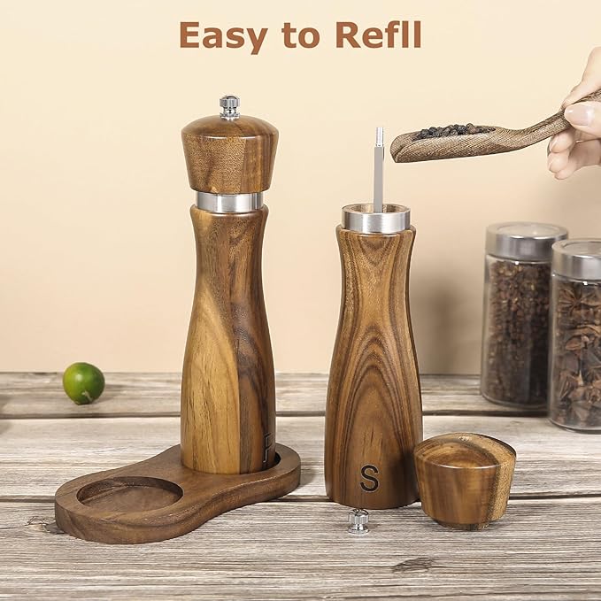 2 Pack Acacia Wood Salt and Pepper Grinder Set ??8??Manual Mills with Adjustable Ceramic Core, Stainless Steel, Tray, Spoon, Brush & Funnel ??Rustic Wooden Gift Set for Kitchen or Table