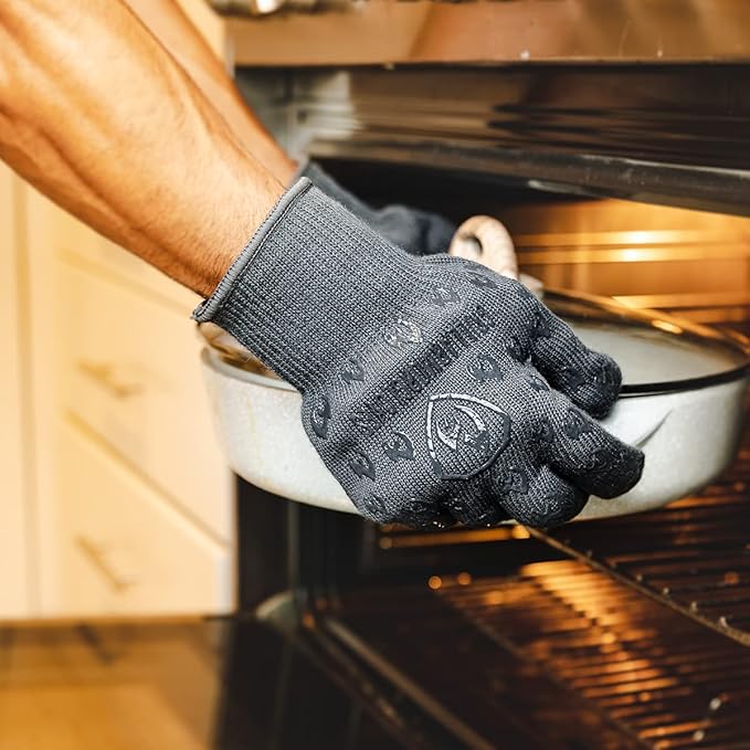 Oven Gloves with Fingers - 932째F Extreme Heat Proof and Cut Resistant Mitts for Kitchen, BBQ, Grill, Baking, Fire Pit - EN407 Certified with Non-Slip Silicone Grip and Cotton Lined for Comfort