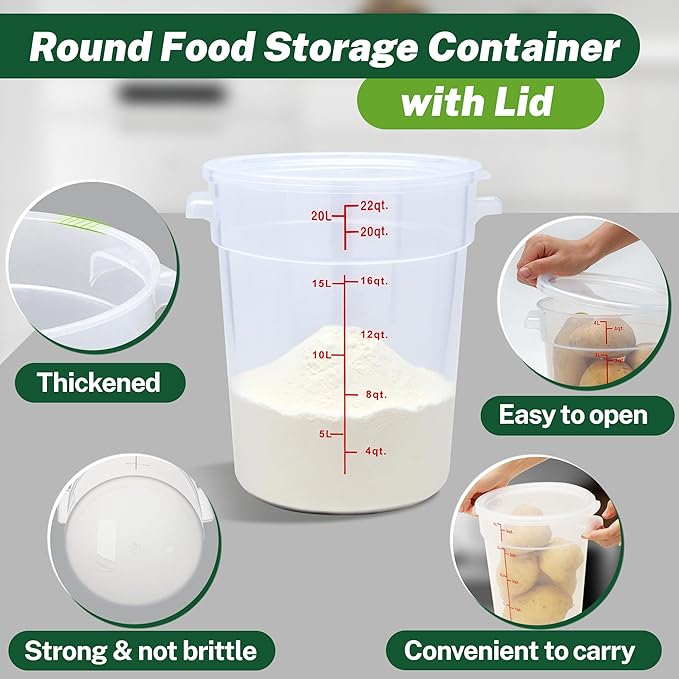 Round Food Storage Container with Lid, 22 Qt Translucent, Commercial 4 Pack of ??NSF Listed, BPA-Free, Polypropylene, Non-Stick, Scale, with Labels & Measuring Cups
