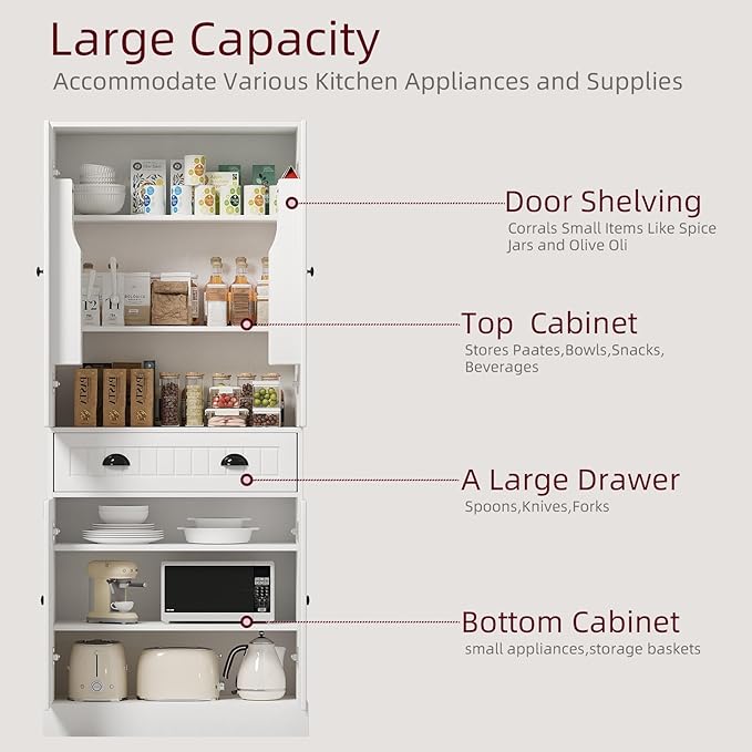 4 EVER WINNER 72" Tall Pantry Cabinet, Farmhouse Storage Cabinet with Adjustable Shelves and Drawers, Rustic Wood Cupboard for Kitchen, Dining, Living Room, White