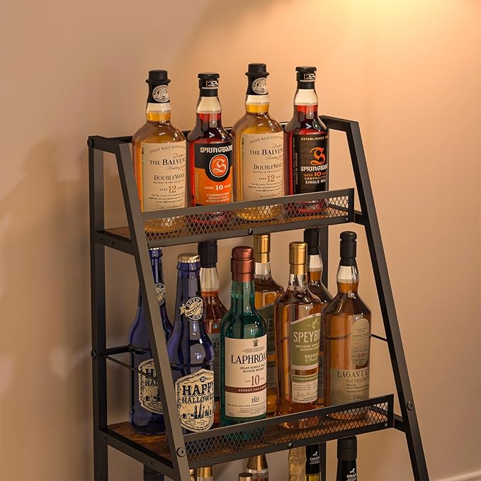 3-Tier (Safe Height for Kids & Pets) Liquor Stand for Home Bar, Stepped Wine Rack Freestanding Floor for Liquor Whiskey Wine, Versatile Corner Wine Bottle Display Stand with Fences, Vintage Brown