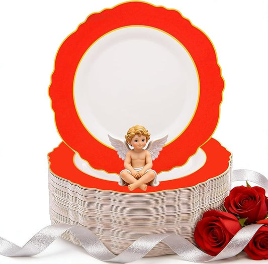 WDF 60pcs Red Christmas Plastic Plates with Gold Rim - 10.25inch Red Dinner Plates Disposable Plates Table Decor for Valentine's Day