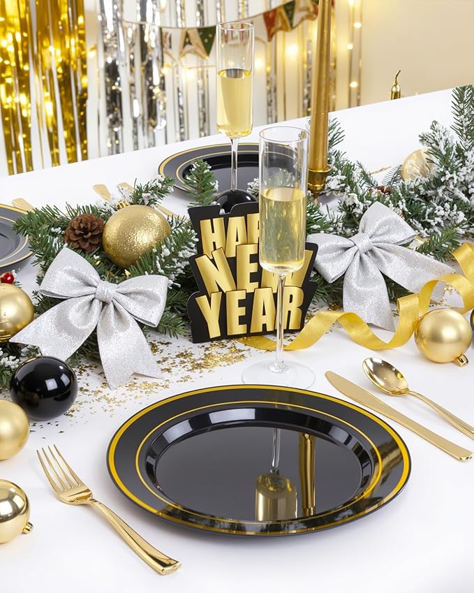 bUCLA 100 Pieces Black and Gold Plastic Dinner Plates - 10.25 inch Black Disposable Plates with Gold Rim - Ideal for Party, Graduation & New Year