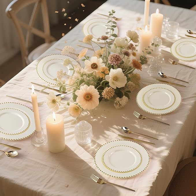 EI 60pcs Beige Plastic Plates with Gold Rim,Ivory Disposable Plates,Heavy Duty Fancy Plastic Plate Elegant for Party,Wedding,Birthday,Spring,Afternoon tea