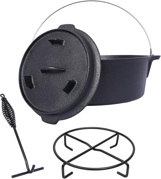 Cast Iron Camping Dutch Oven with Lid Lifter and Rack, 2-In-1 Pre-Seasoned Skillet Lid Cooking Pan with Pull Ring, Use on the Stove, on the Grill, Campfire & Stovetop Safe, 4.5 Quart/6 Quart/8 Quart/12 Quart (12 QT with Lid lifter & Rack)