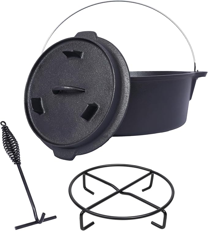 Cast Iron Camping Dutch Oven with Lid Lifter and Rack, 2-In-1 Pre-Seasoned Skillet Lid Cooking Pan with Pull Ring, Use on the Stove, on the Grill, Campfire & Stovetop Safe, 4.5 Quart/6 Quart/8 Quart/12 Quart (8 QT)