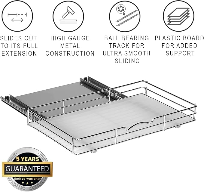 Pull Out Cabinet Organizer for Spices, Cans - Heavy Duty with Lifetime Limited Warranty- Pull Out Spice Rack- Cabinet Pull Out Shelf for Cans,Dishes, Etc, 18-3/8"Wx 10-1/2"D x 2-3/4??H, Chrome