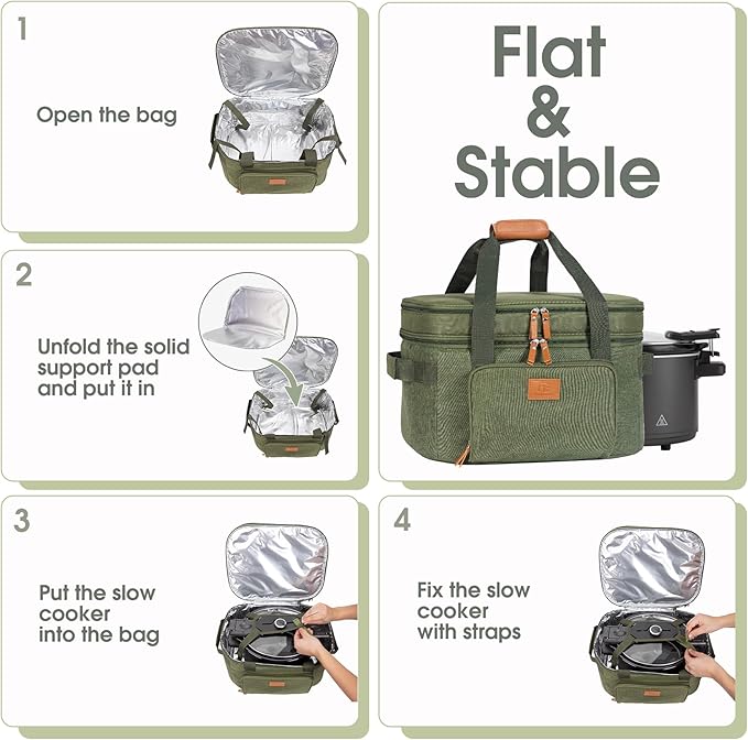 FUN ELEMENTS Double Layer Slow Cooker Carrying Bag for 6-8 Quart Oval CrockPot, Insulated Travel Carrier with Support Pad and Adjustable Straps, Top Zip Compartment and Front Pocket for Utensils,Green