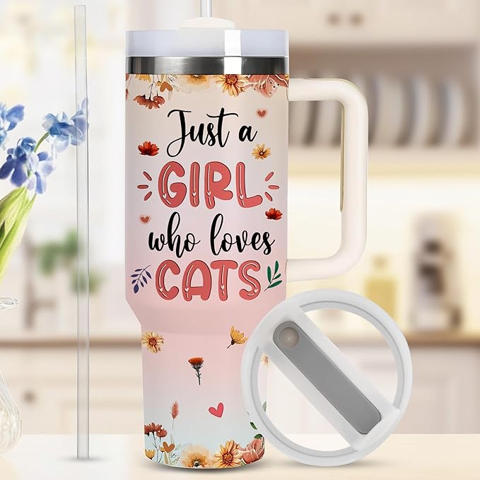 AGGLOMEKC Personalized Cute Cat Cup - Mother's Day Birthday Gift For Animal Lovers - Just A Girl Who Loves Cats Tumbler 40oz With Custom Name - Pet Lover Gifts For Women, Her
