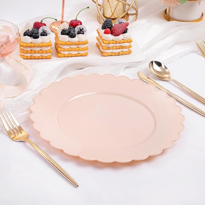 SUT 72-Count Pink Plastic Plates Disposable 10.25 Inch - Scalloped Edge Dinner Plates for Valentine?셲 Day, Parties, Birthdays, Weddings | Lightweight & Durable Disposable Dinnerware (72 Pack)