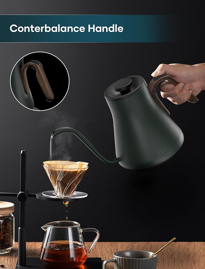 Gooseneck Electric Kettle with 짹1??Temperature Control for Pour Over Coffee & Tea, Quick Heating, BPA-Free Stainless Steel, Built-in Brew Timer, 1500W/0.9L (Forest Green)