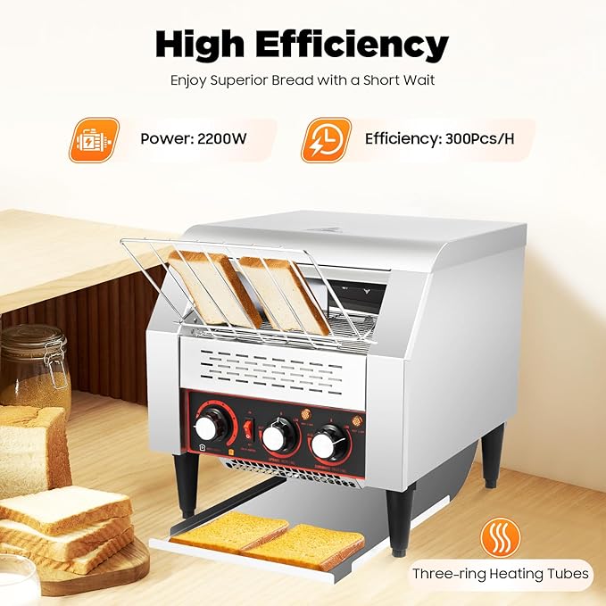 Heavy Duty Conveyor Toaster Oven Electric Bread Oven Industrial Toaster Commercial for Bun Bagel Bread Baked Food with 7 Speed and Front/Back Output Modes (300Slices/H)