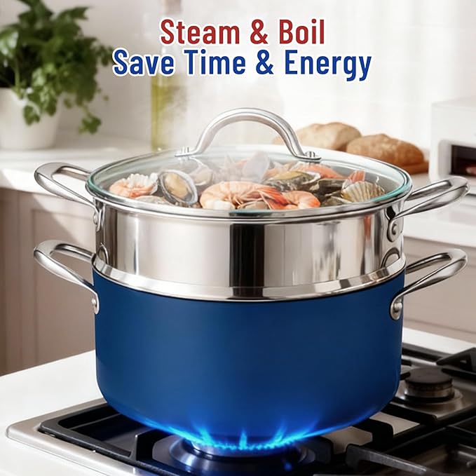 AOSION 6 Quart Steamer Pot With Lid, Nonstick Ceramic Steam Pot with Ladle, 2-Tier Multipurpose Steamer for Cooking with Vegetable,Soup, Stews,Dumplings,Oven & Dishwasher Safe