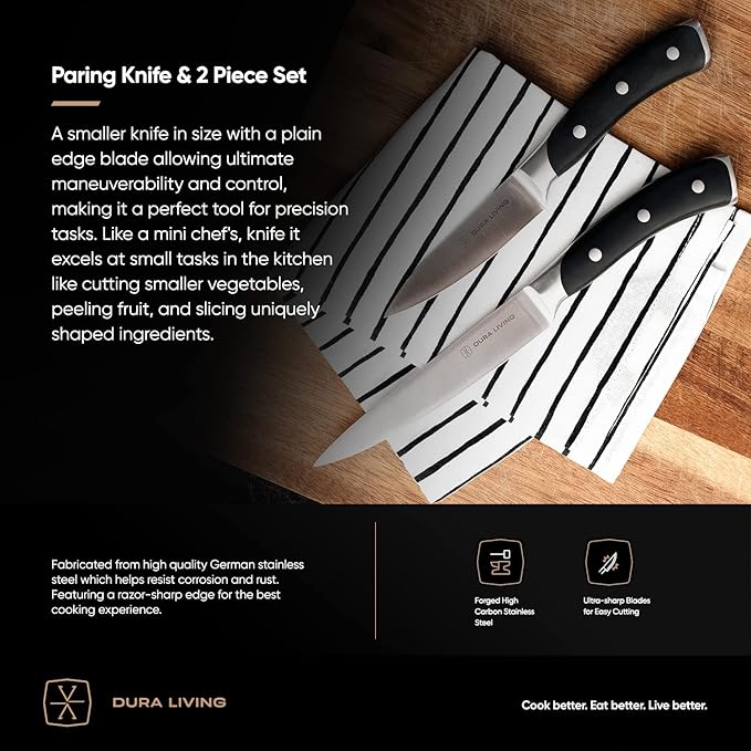 DURA LIVING 3.5-Inch Paring Knife ??Ultra-Sharp German High Carbon Stainless Steel, Full Tang, Ergonomic Handle, Multipurpose Kitchen Knife for Chopping, Slicing, and Dicing, Black