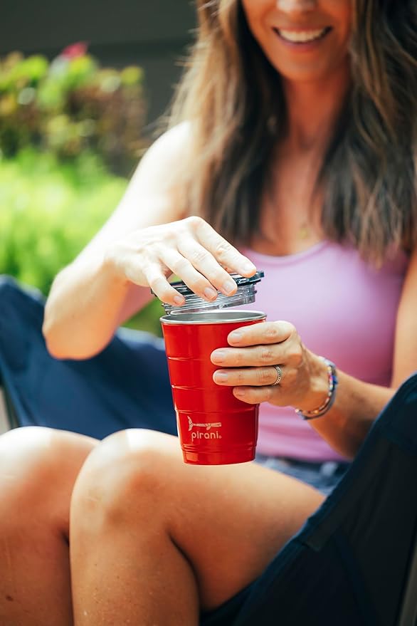 Pirani 16oz Insulated Stackable Tumbler - Skinny-Wall Triple Vacuum Insulation Cup with Version 2.0 Air-Tight, Screw-On Lid Lid - Space Saving Design - Party Red
