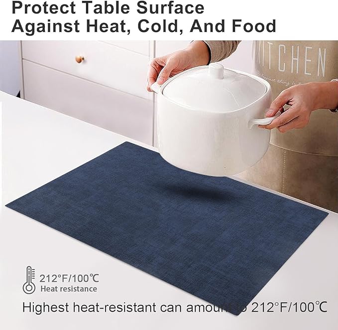 LANDVIEW Leather Heat Resistant Placemats Set of 6 Waterproof Wipeable Washable PU Table Mats,Easy to Clean Anti-Slip Place Mats (Navy Blue, 6)