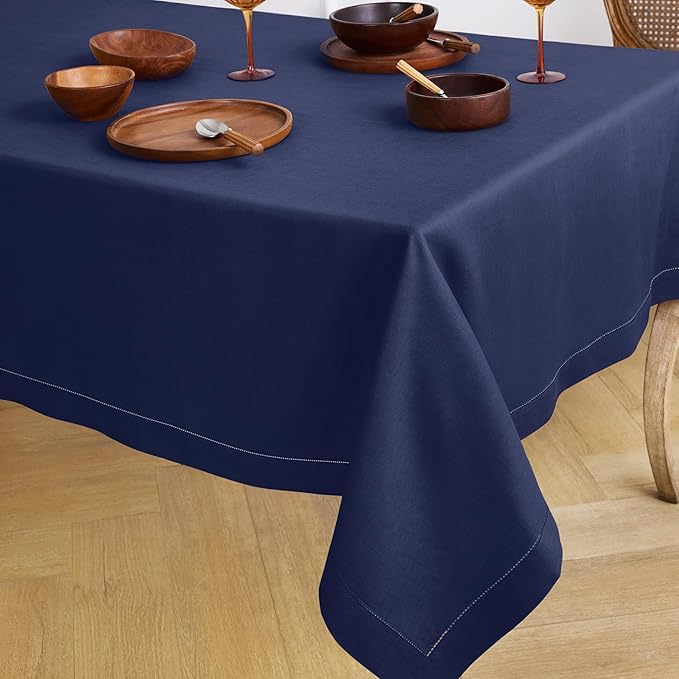 Solino Home Linen Tablecloth 60 x 108 Inch - Classic Hemstitch 100% Pure Linen Navy Blue Table Cloth for Rectangle Tables - Machine Washable Tablecloth for Winter, Easter