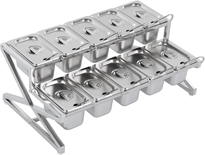 Expandable Stainless Steel Spice Rack Organizer with 10 (1.59 Qt) Lidded Pans, Adjustable 14-25.6 Inch 2-Tier Shelf for Kitchen Counter, Cabinet & Commercial Use