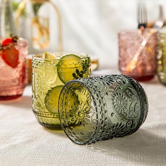 Luminthra Elegant Vintage Crystal Glassware Set, Embossed Floral Drinkware, 12oz Green and Multi-Color Glass Cups for Wine, Cocktails, and Beverages (Gray)