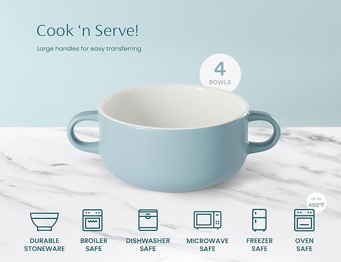 Kook Soup Crocks, Ceramic Bowls, Broil, Oven, Microwave and Dishwasher Safe, with Handles, For Casserole, Pasta, Cereal, 18 oz, Set of 4 (Pale Blue)
