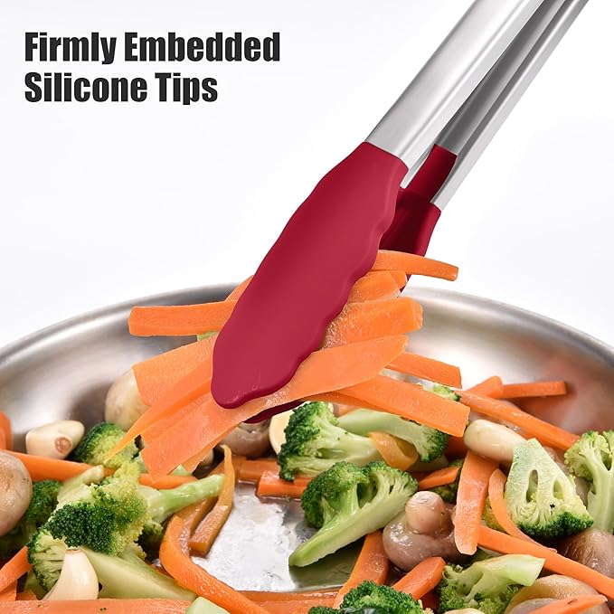 Doosu Kitchen Tongs for Cooking - 600째F Heat Resistant Food Tong with Non-Scratch Silicone Tips, Heavy Duty Stainless Steel Locking Tong for BBQ, Grilling Steak, Serving Salad, Pasta (12in, Red)