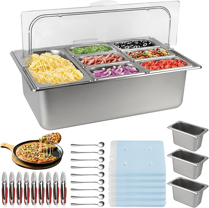Lanstics Pizza Topping Station Stainless Steel Spice Organizer Salad Bar Buffet Station with Spoons Ice Boxes Buffet Containers Set for Sauce Jam Ingredient Kitchen Restaurant Pantry