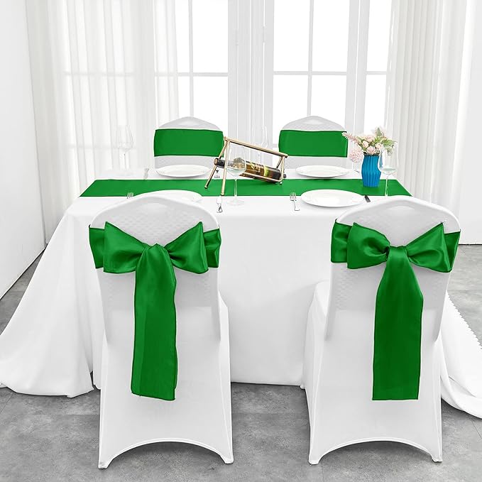 10-Pack Emerald Green Satin Table Runner 12 x 108 Inch Long Bright and Smooth Silk Fabric Table Runner for Wedding Banquet Birthday Party Decoration