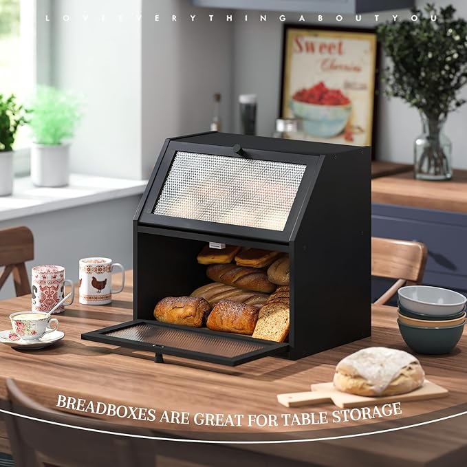 Bread Box for Kitchen Countertop Bin Double Layer Bread Box Storage Container Extra Large Capacity with Diamond Pattern Windows (Black, Extra Large)