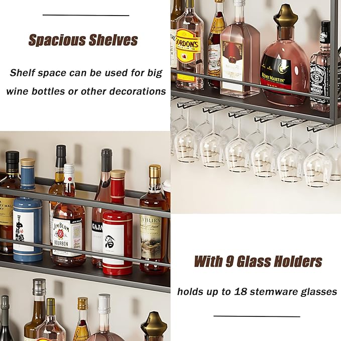 Wall Mounted Wine Rack with Glass Holder, 2-Tier Multi-Functional Shelf for Home, Restaurant, and Bar Storage (39.3?쓂 x 7.8?쒭 x 26?쒱)