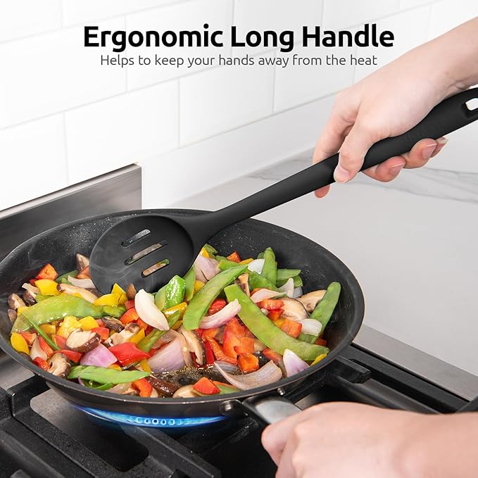 600쨘F Heat Resistant Slotted Spoon: U-Taste 13.3in Solid Kitchen Cooking Spoon, Nonstick Food Grade Large & Long Rubber Utensil for Mixing, Serving, Stirring, Basting, Frying, Draining (Black)