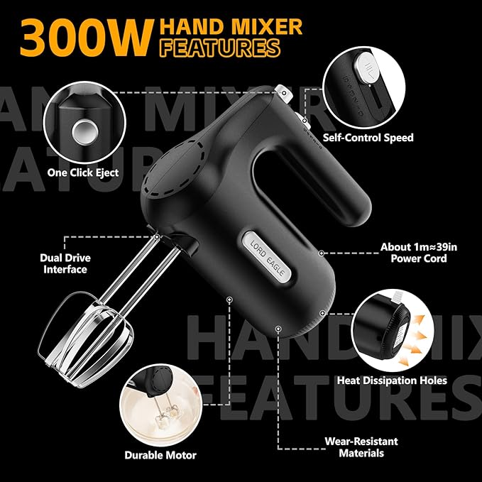 Lord Eagle 5-Speed Hand Mixer Electric Heldhand, 300W Compact Mixer for Baking, Egg Beater, Blending or Cooking, Portable & Lightweight, 5 Accessories, Black