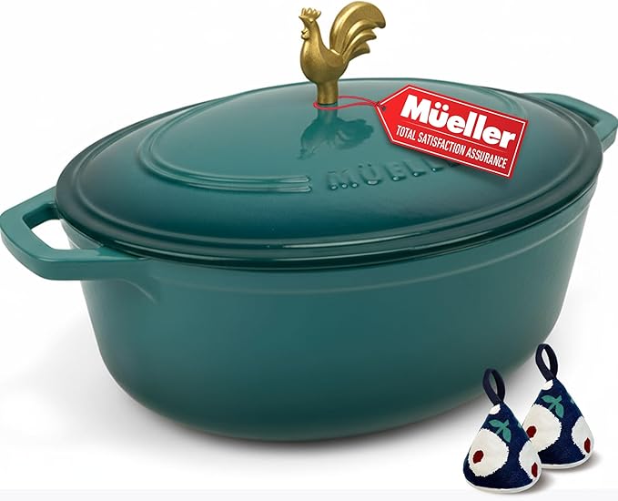 MUELLER HOME 5.5 Quart Enameled Cast Iron Oval Dutch Oven with Rooster Knob and Cotton Potholders, Heavy-Duty Cookware, Oven-Safe up to 500째 F & Across All Cooktops, Thanksgiving Essentials, Emerald