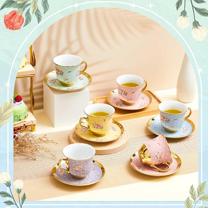Set of 18 Tea Cups and Saucers Tea Party Decorations Floral Porcelain 5.4 oz British Gift for Women Birthday Party, Church, and Mother's Day (Vintage Style)