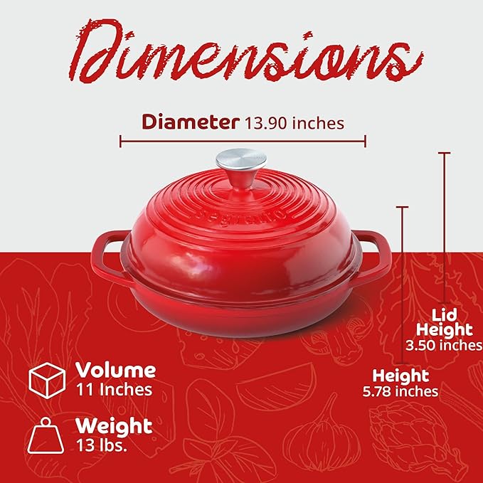 Enameled Cast Iron Bread Pan with Lid, 11??Red Bread Oven Cast Iron Sourdough Baking Pan, Dutch Oven for Bread, No Seasoning Needed -Segretto Cookware
