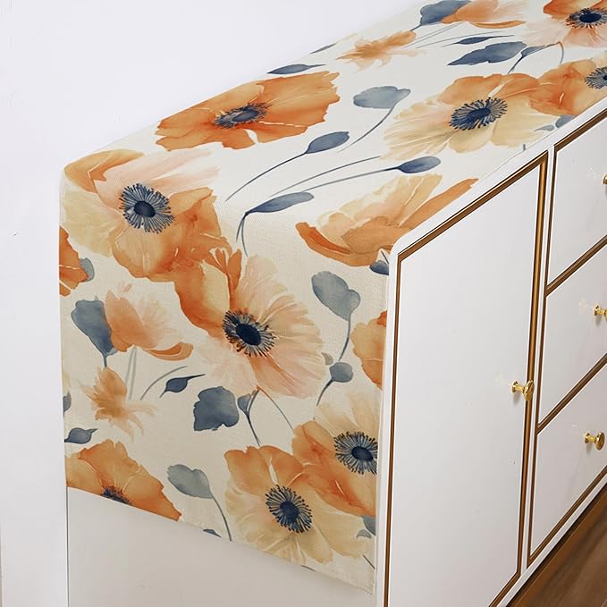 ZCHOMI Orange Floral Fall Table Runner 13x72 Inch Poppy Flower Seasonal Autumn Kitchen Dinning Table Decoration for Indoor Outdoor Home Party Decor