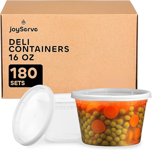 JoyServe 16 Oz Deli Food Containers with Lids - (180 Sets) Airtight Plastic Food Storage for Takeout, Meal Prep, To-Go, and Soup Freezer Containers with 180 Lids, BPA-Free, Dishwasher, Microwave Safe