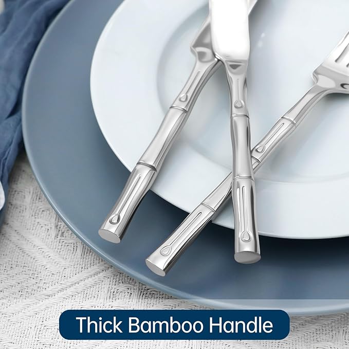 Silverware Stainless Steel Flatware Set Silver Bamboo Pattern Cutlery Set, 5-Piece Service for 1