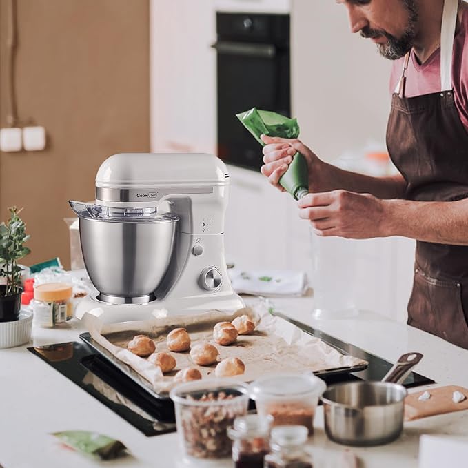 Geek Chef 3-IN-1 Stand Mixer, 4.8QT, 12 Speeds Tilt-head Food Mixer with Dough Hook, Whisk, Beater and Digital Scale with App, White