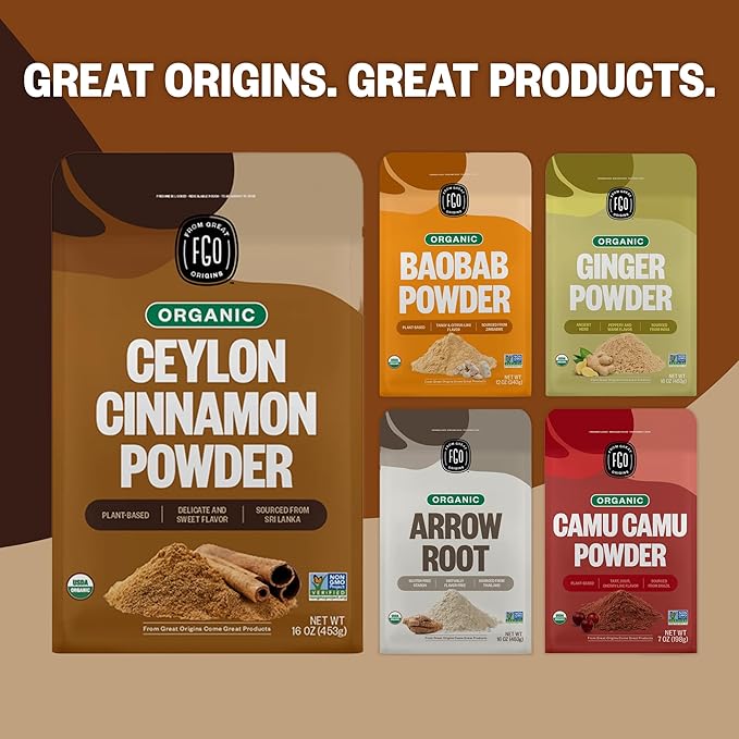 FGO Organic Ceylon Cinnamon Powder, 16oz Pure Sri Lanka Cinnamon for Spice & Seasoning, Great for Baking, Cooking, & Drinks, Additive Free, Non-GMO (Pack of 1)