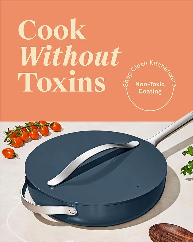 Caraway Nonstick Ceramic Saut챕 Pan with Lid (4.5 qt, 11.8") - Non Toxic, PTFE & PFOA Free - Oven Safe & Compatible with All Stovetops (Gas, Electric & Induction) - Navy
