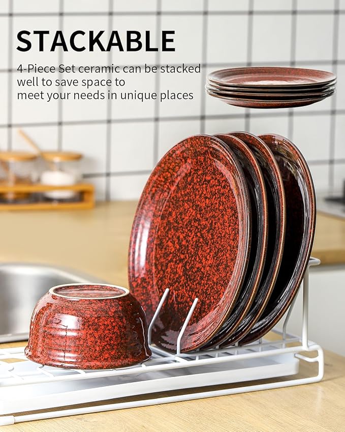 HASENSE Ceramic Dinner Plates Set of 4, 10 Inch Large Red Pasta Dessert Salad Serving Plates, Stoneware Steak Plate Set, Microwave and Dishwasher Safe