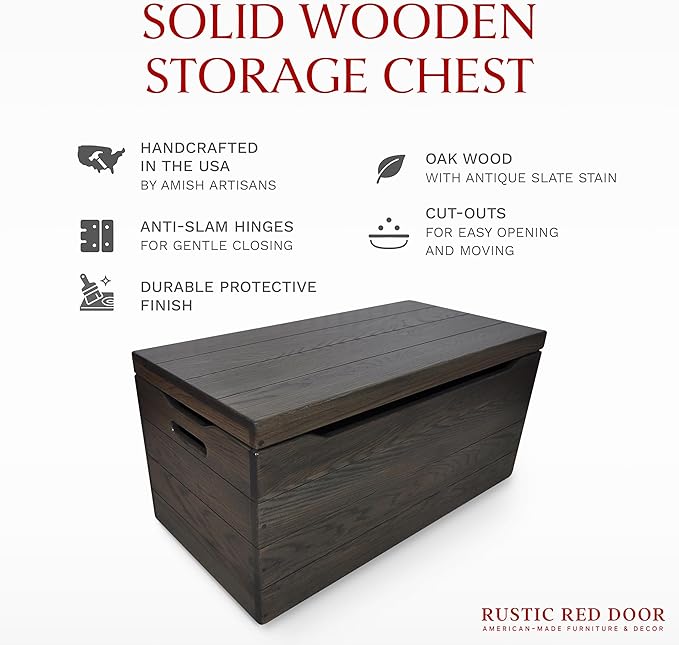 Hope Woodworking Amish Made Wooden Storage Chest Trunk Box with Lid and Handles for Bedroolanket, Clothes, Anti-Slam Hinges, Handmade, Rustic, Oak Wood, Antique Slate Stain, 36"